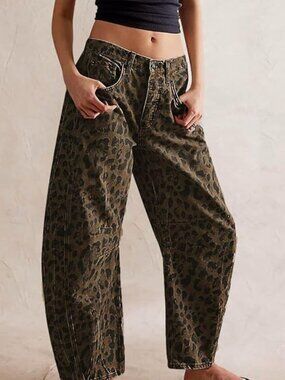 Leopard Print Baggy Barrel Cut Jeans Pants Trousers